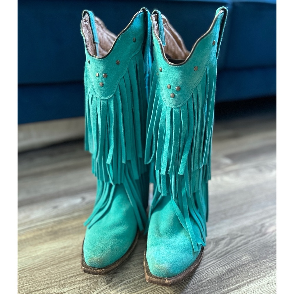 REAL Leather Tanner Mark Turquoise Fringe Cowgirl Boots sz 7 - Picture 3 of 8
